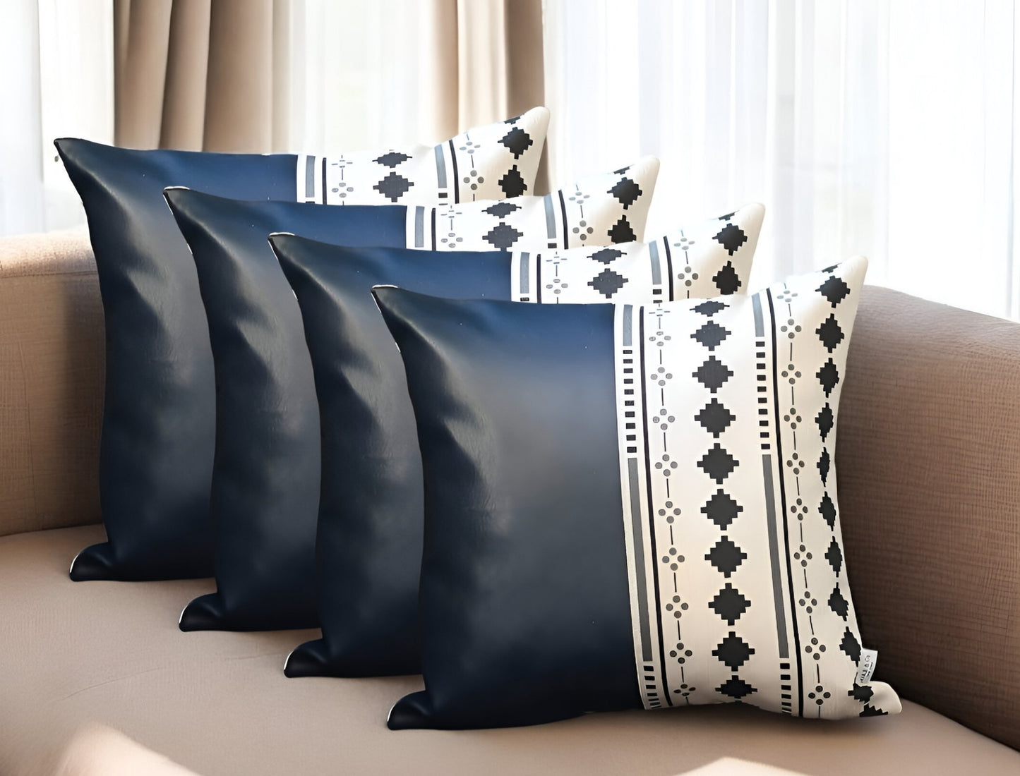 Set Of Four 17" X 17" Navy Blue Faux Leather Diamond Zippered Pillow