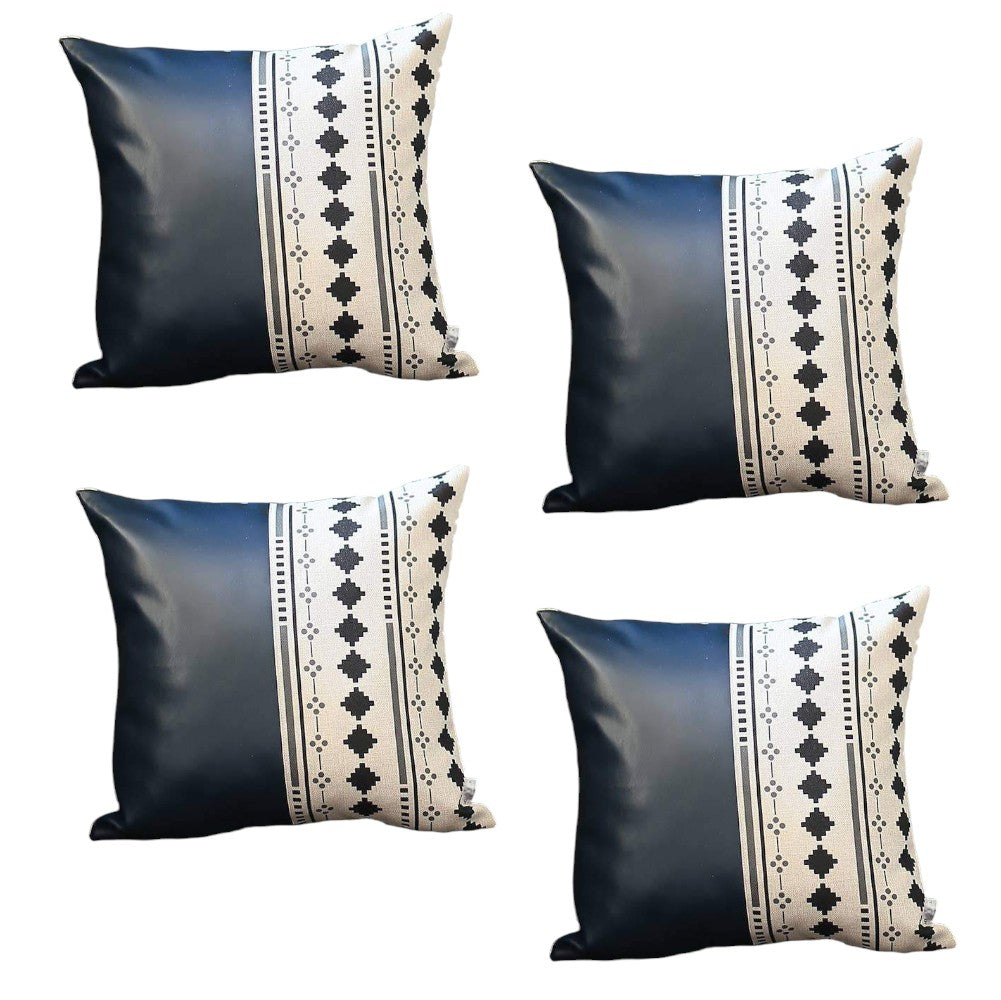 Set Of Four 17" X 17" Navy Blue Faux Leather Diamond Zippered Pillow