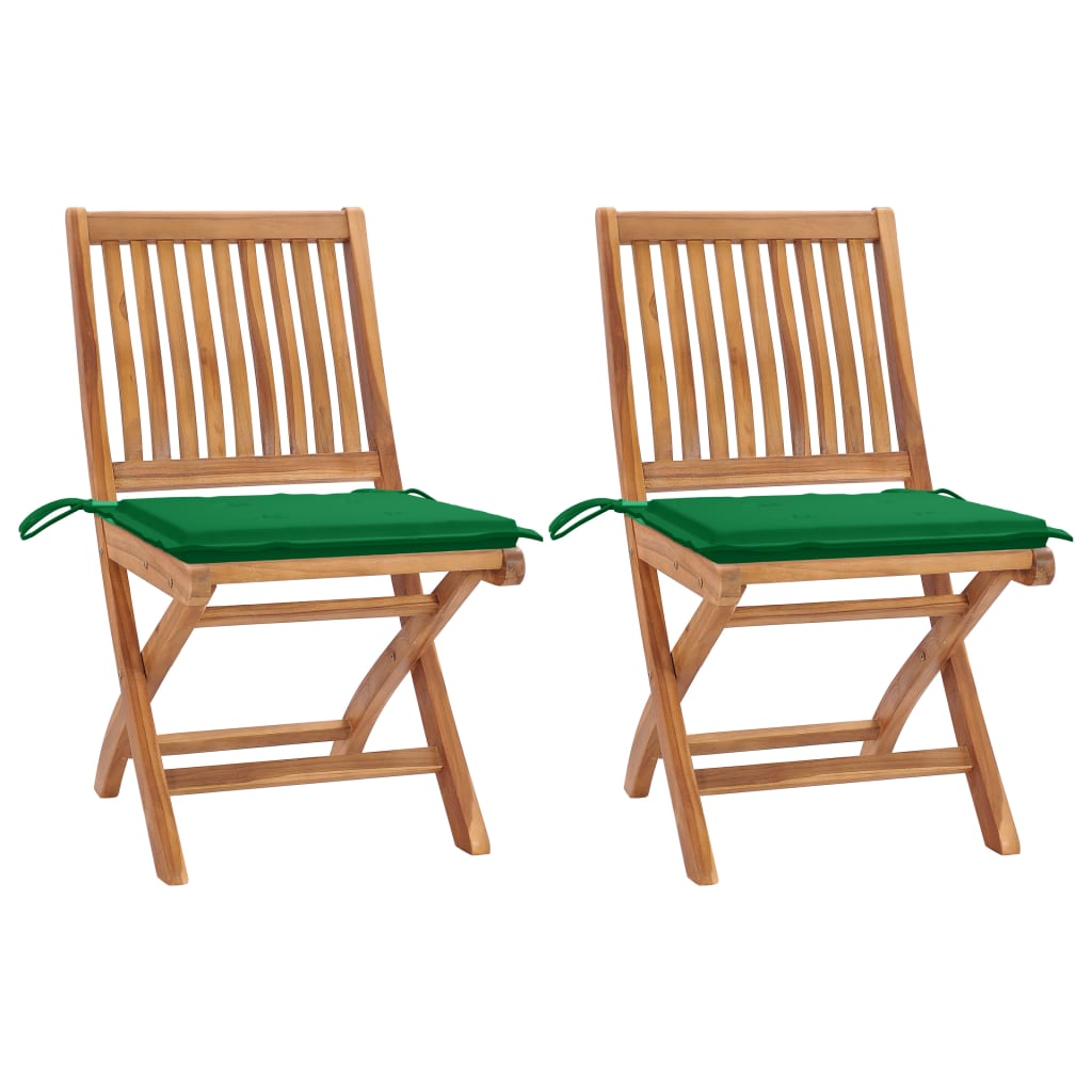 Patio Chairs 2 pcs with Green Cushions Solid Teak Wood