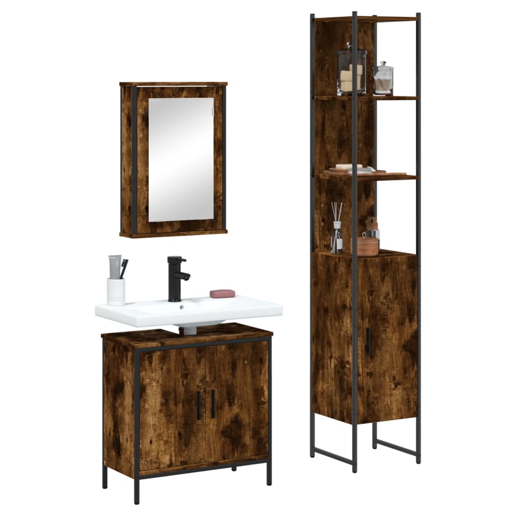 3 Piece Bathroom Furniture Set Black Engineered Wood