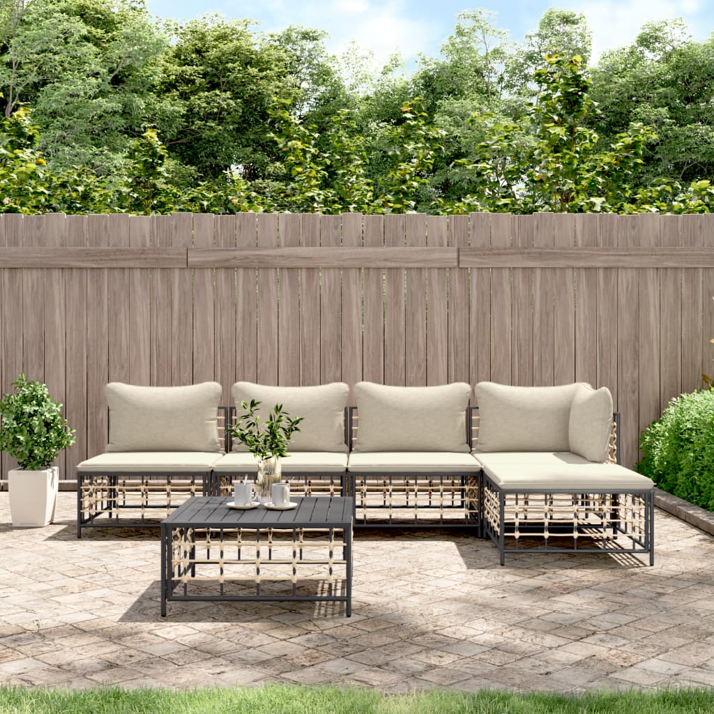 6 Piece Patio Lounge Set with Cushions Anthracite Poly Rattan