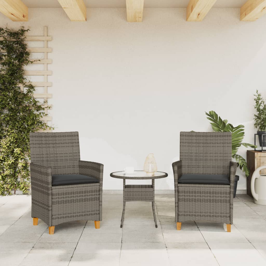 Patio Chairs with Cushions 2 pcs Gray Poly Rattan&Solid Wood