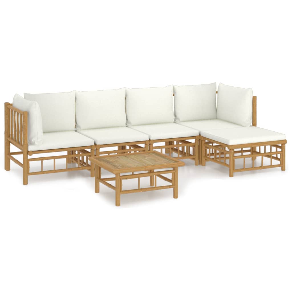 6 Piece Patio Lounge Set with Cream White Cushions Bamboo