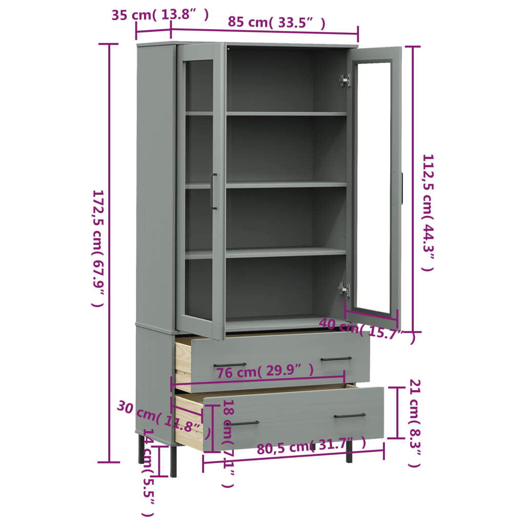 Bookcase with Metal Legs Gray 33.5"x13.8"x67.9" Solid Wood OSLO