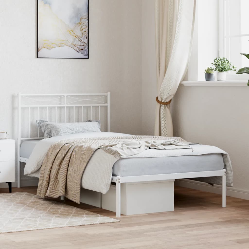 Metal Bed Frame without Mattress with Headboard White 39.4"x74.8"