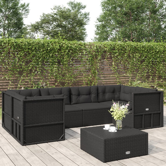 6 Piece Patio Lounge Set with Cushions Black Poly Rattan