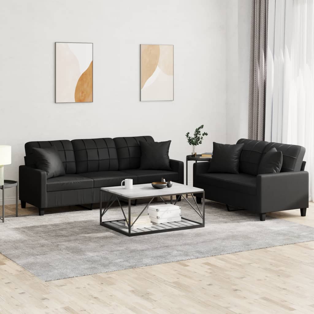 2 Piece Sofa Set with Pillows Black Faux Leather