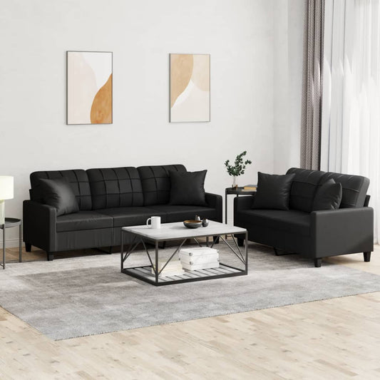 2 Piece Sofa Set with Pillows Black Faux Leather