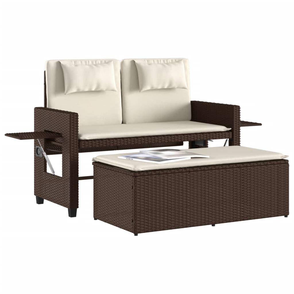 Reclining Patio Bench with Cushions Brown Poly Rattan