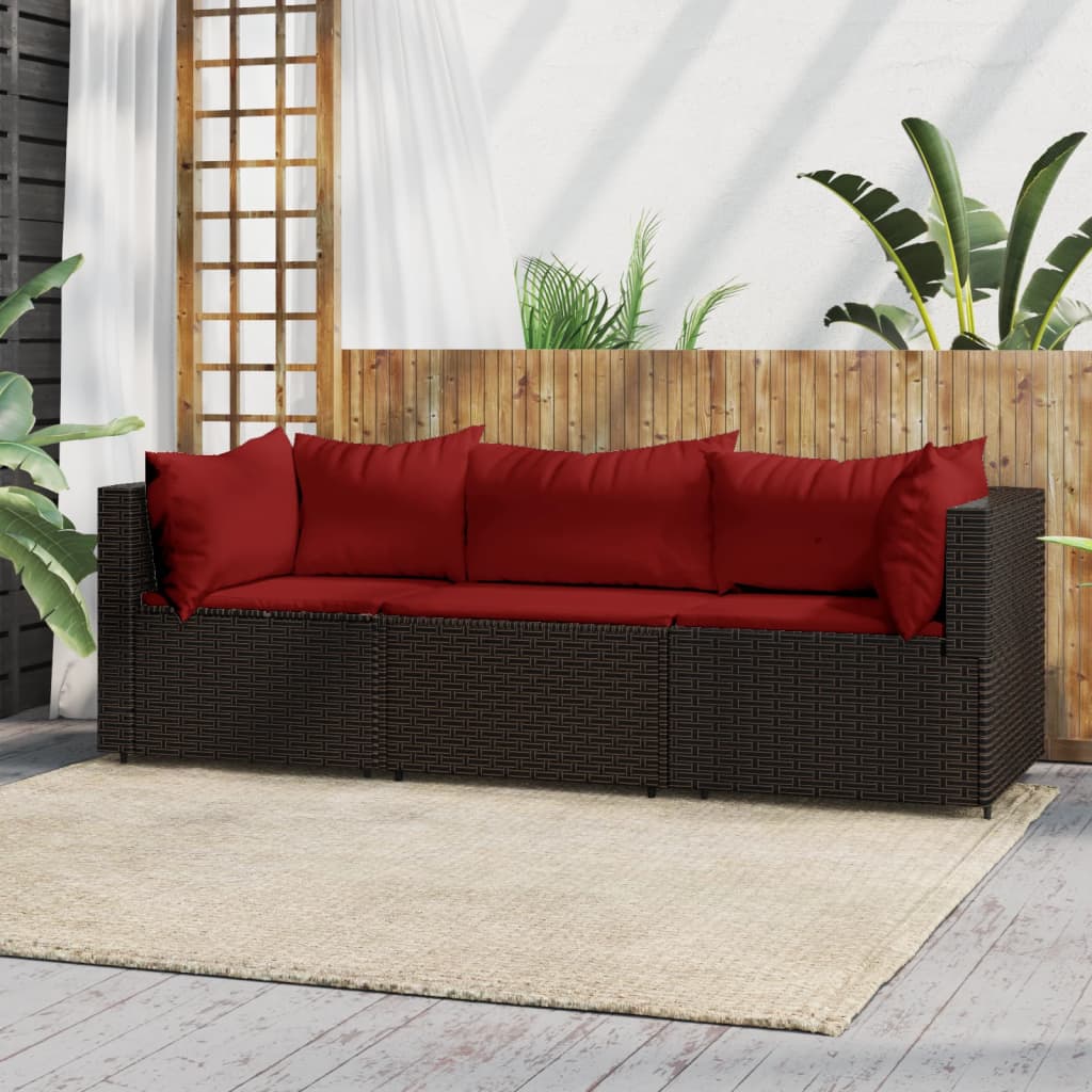 3 Piece Patio Lounge Set with Cushions Brown Poly Rattan