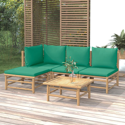 5 Piece Patio Lounge Set with Green Cushions Bamboo