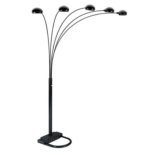 84" Black Five Light Arc Floor Lamp With Black Dome Shade