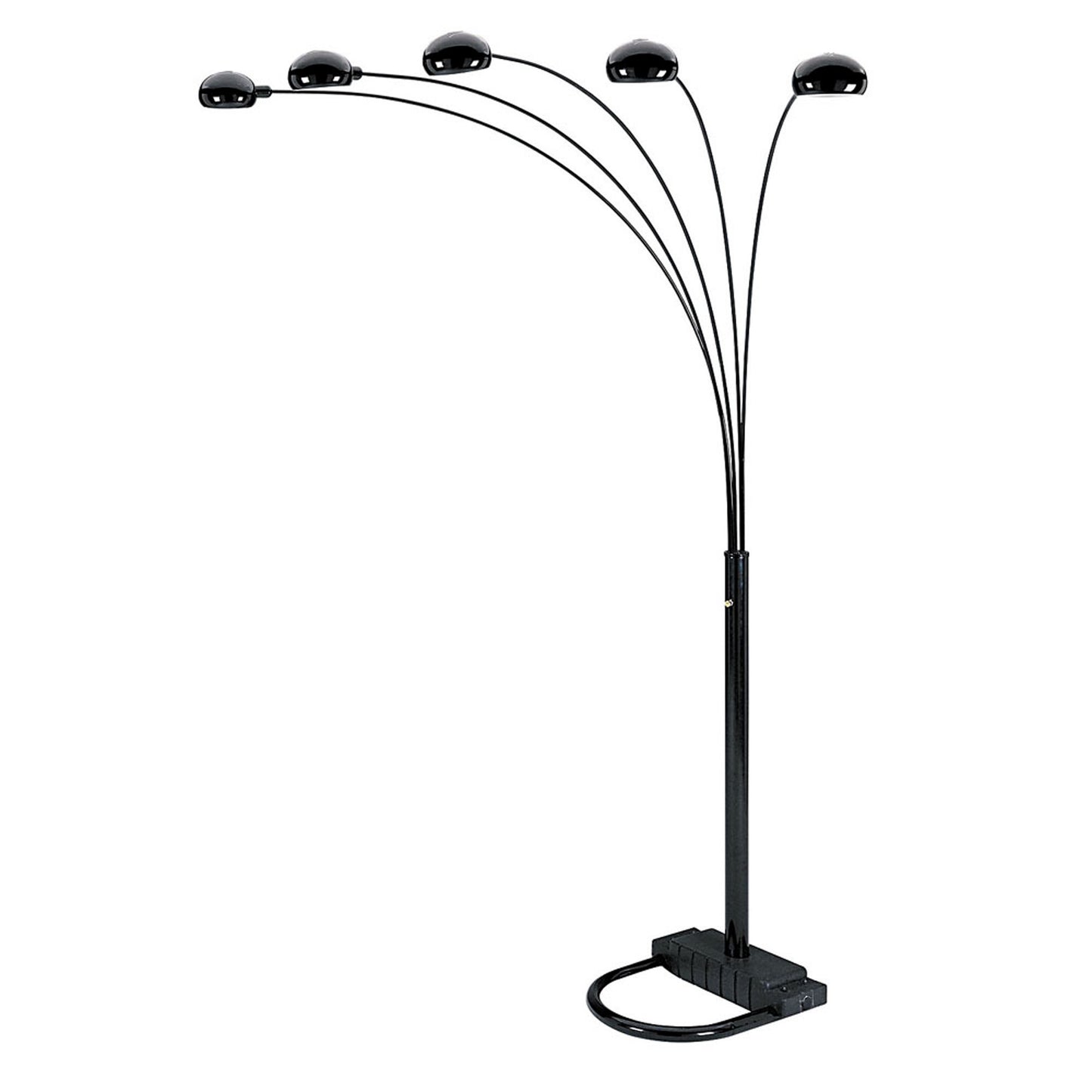 84" Black Five Light Arc Floor Lamp With Black Dome Shade