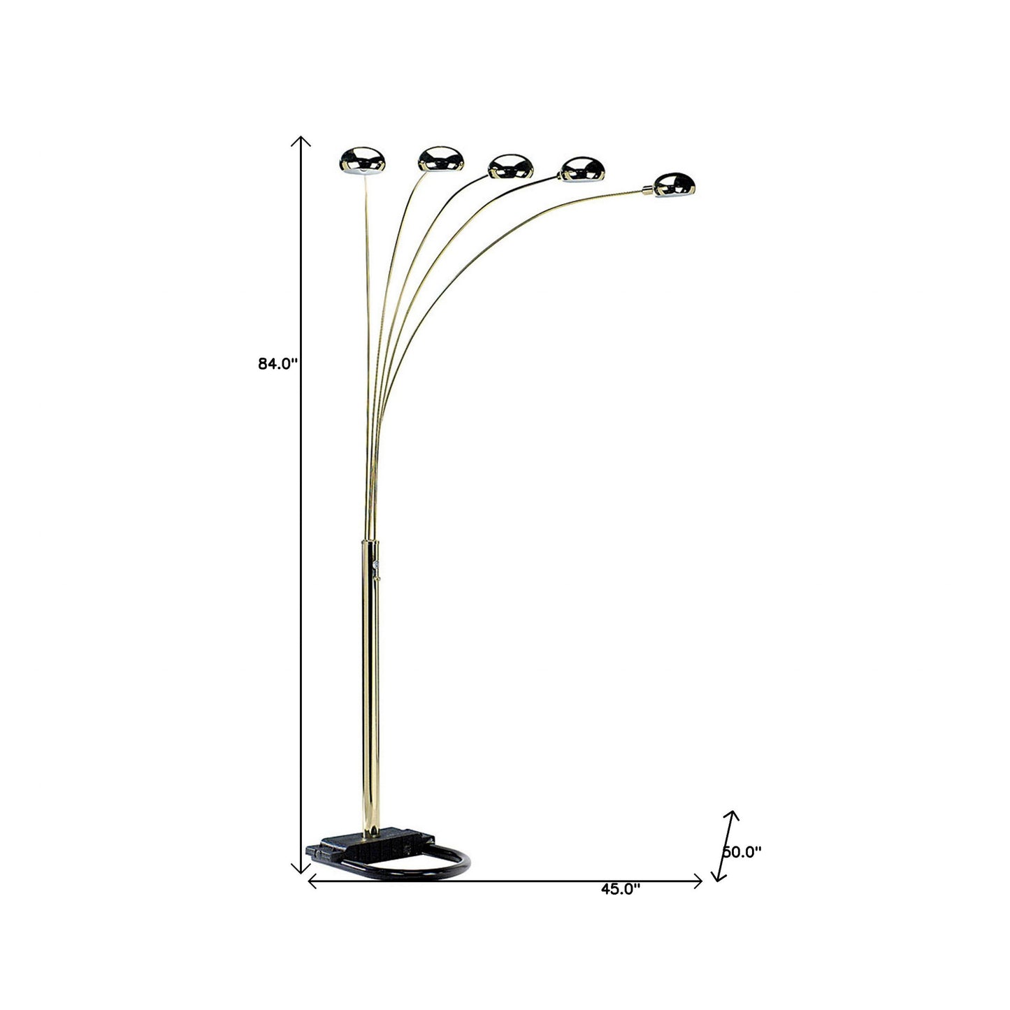 84" Nickel Five Lights Arc Floor Lamp With Nickel Dome Shade