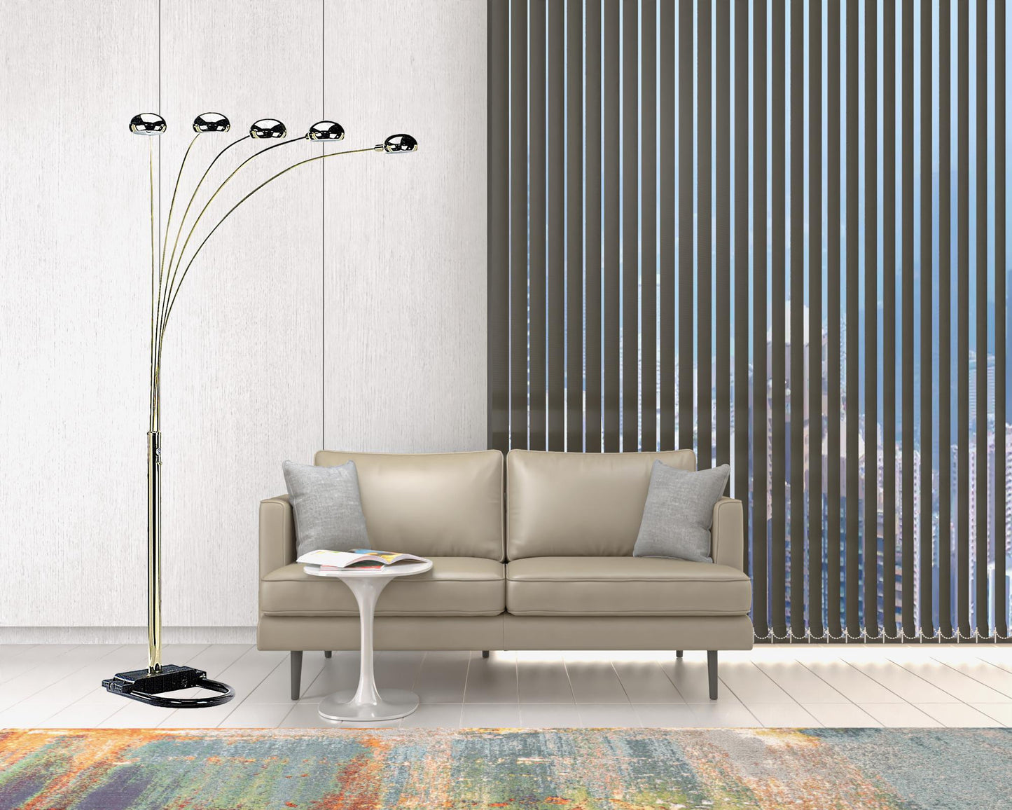 84" Nickel Five Lights Arc Floor Lamp With Nickel Dome Shade