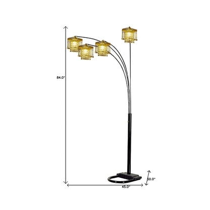 84" Black Four Light Arc Floor Lamp With Clear Crystal Glass Chandelier Shade