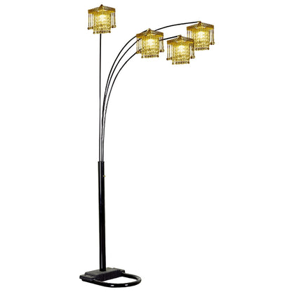 84" Black Four Light Arc Floor Lamp With Clear Crystal Glass Chandelier Shade