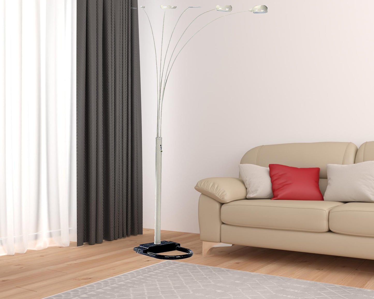 84" White Five Light Arc Floor Lamp With White Dome Shade