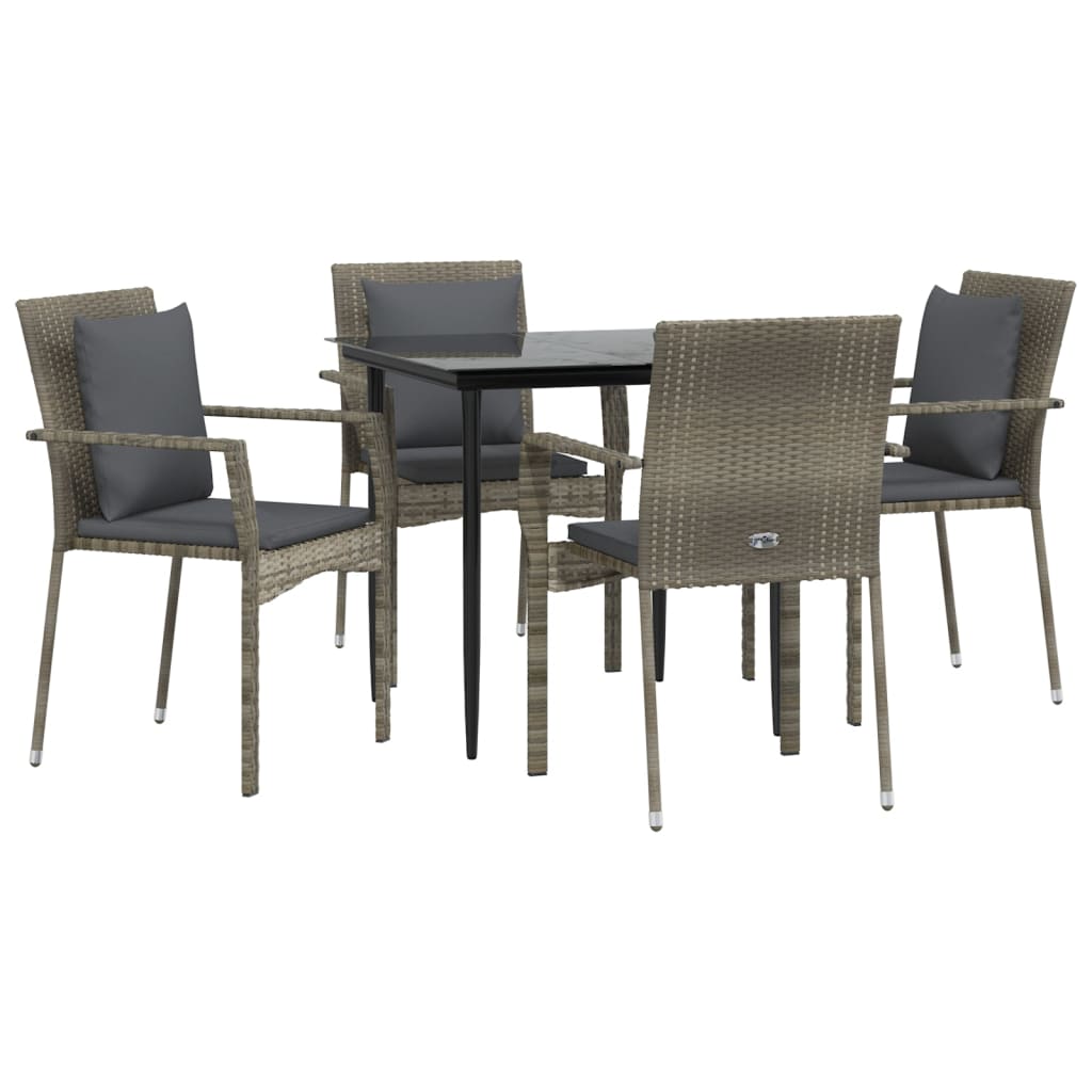 5 Piece Patio Dining Set with Cushions Black and Gray Poly Rattan