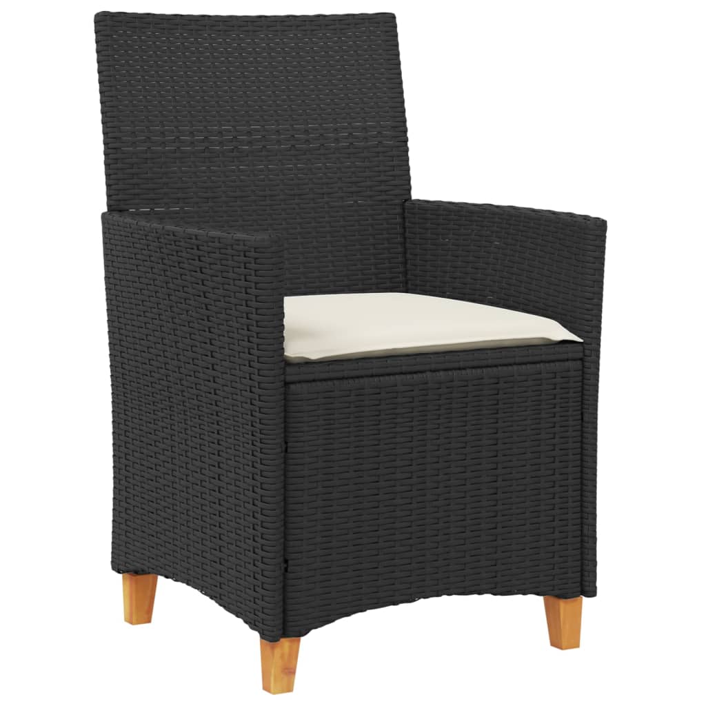 Patio Chairs with Cushions 2 pcs Black Poly Rattan&Solid Wood