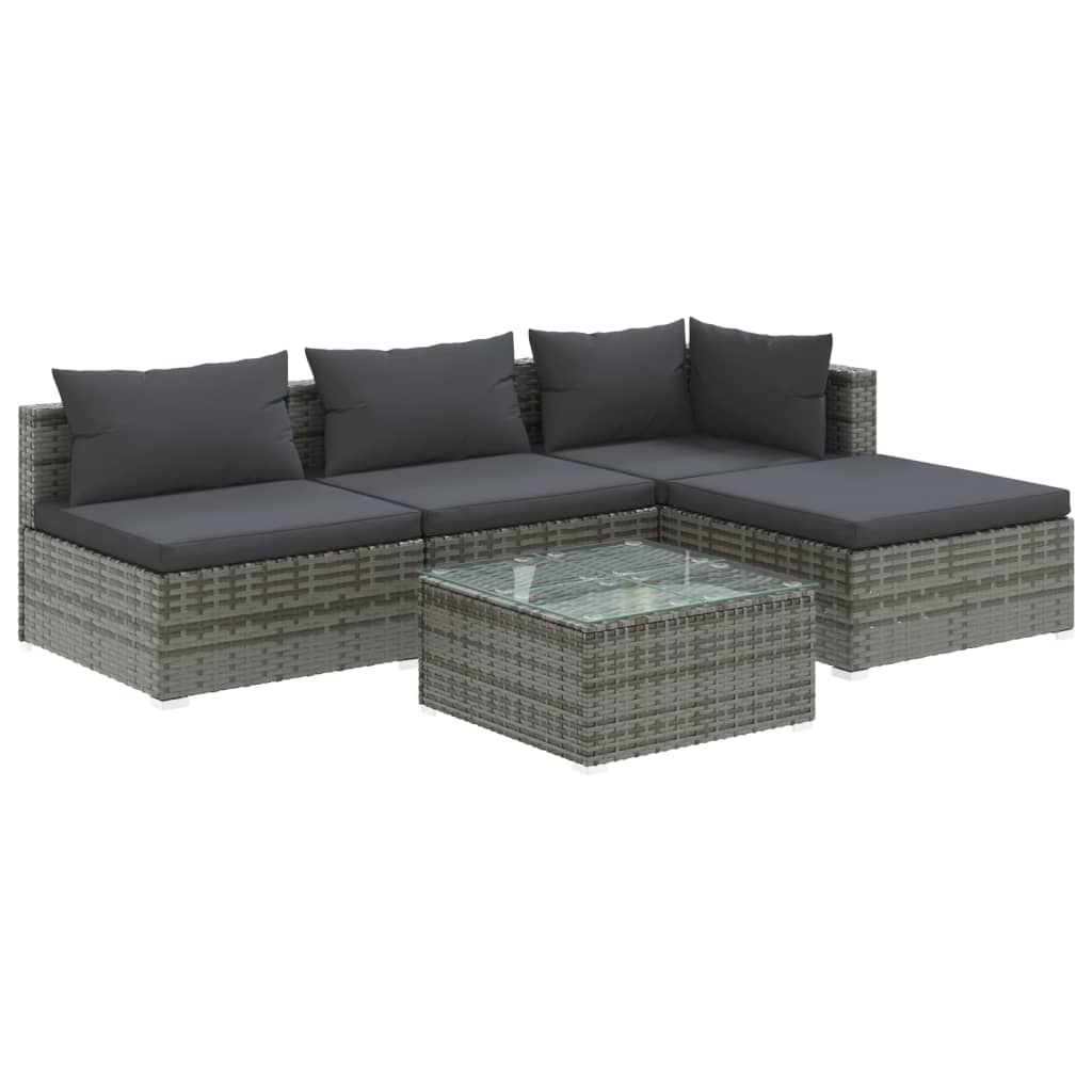 5 Piece Garden Lounge Set with Cushions Poly Rattan Gray