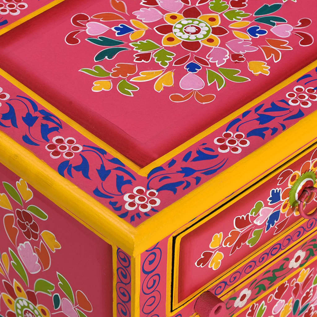 Bedside Cabinet Solid Mango Wood Pink Hand Painted