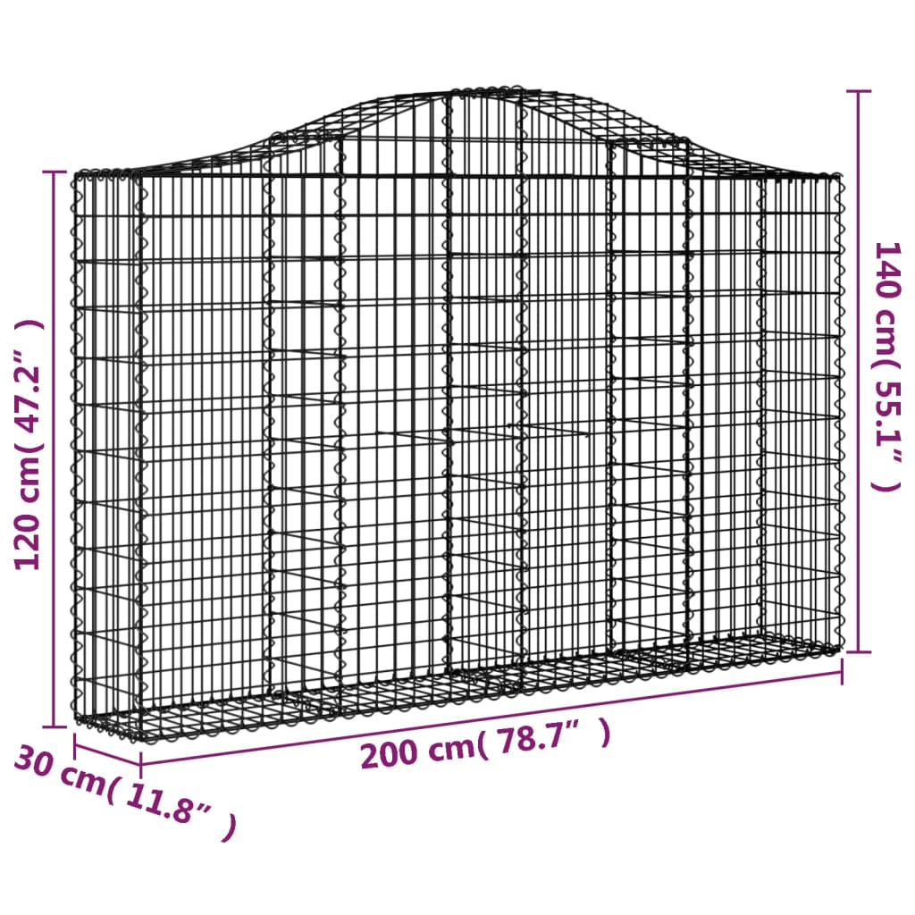 Arched Gabion Baskets 8 pcs 78.7"x11.8"x47.2"/55.1" Galvanized Iron