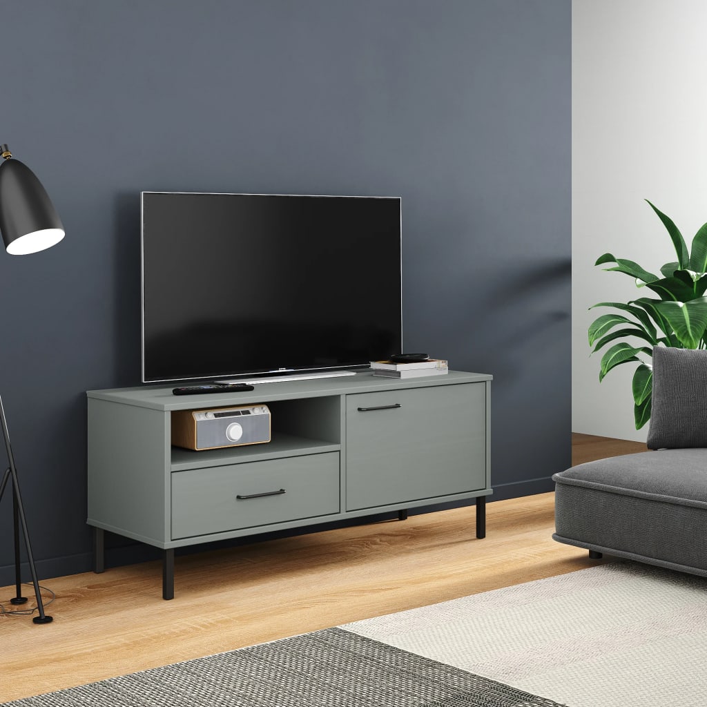 TV Stand with Metal Legs Gray Solid Wood Pine OSLO