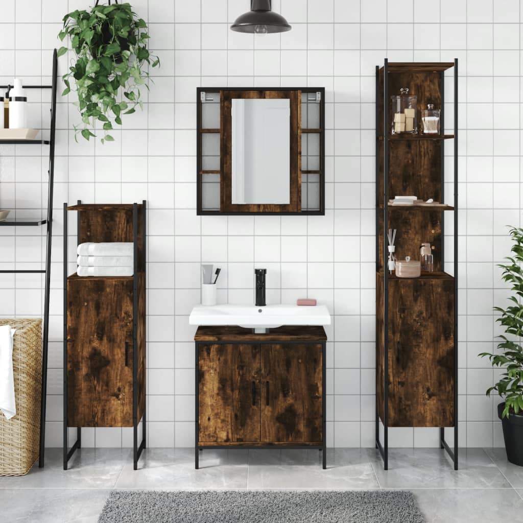 4 Piece Bathroom Cabinet Set Smoked Oak Engineered Wood