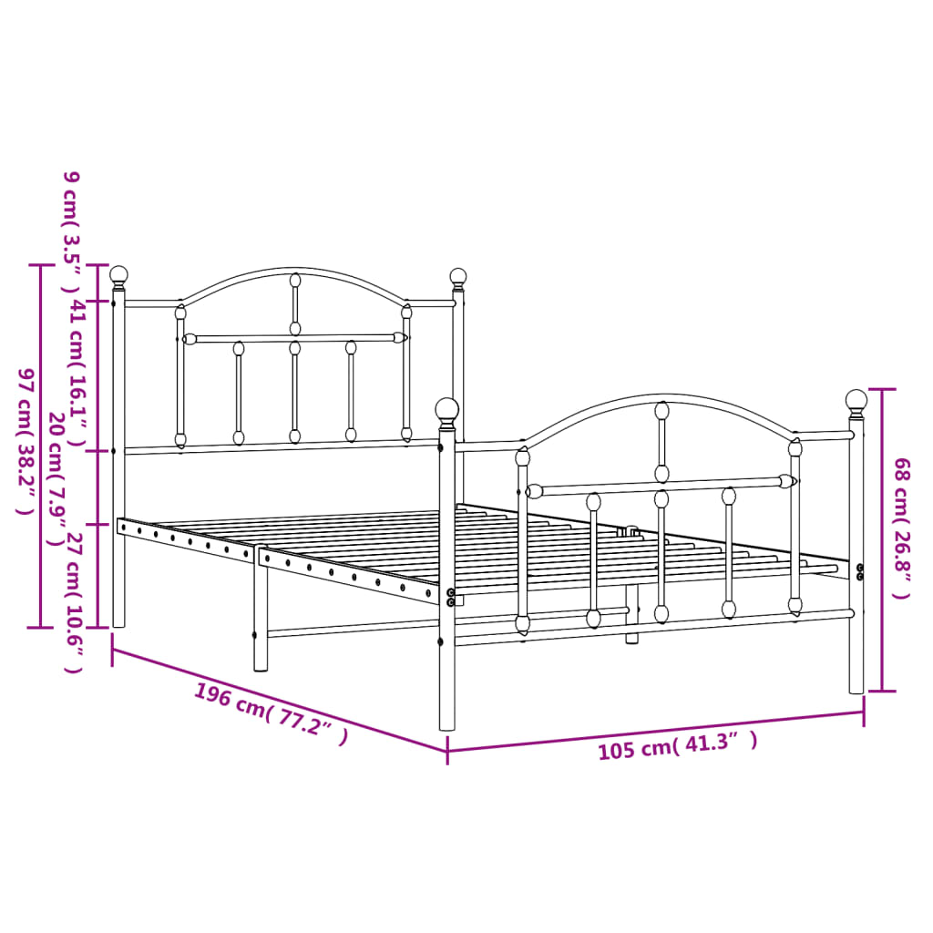 Metal Bed Frame without Mattress with Footboard Black 39.4"x74.8"