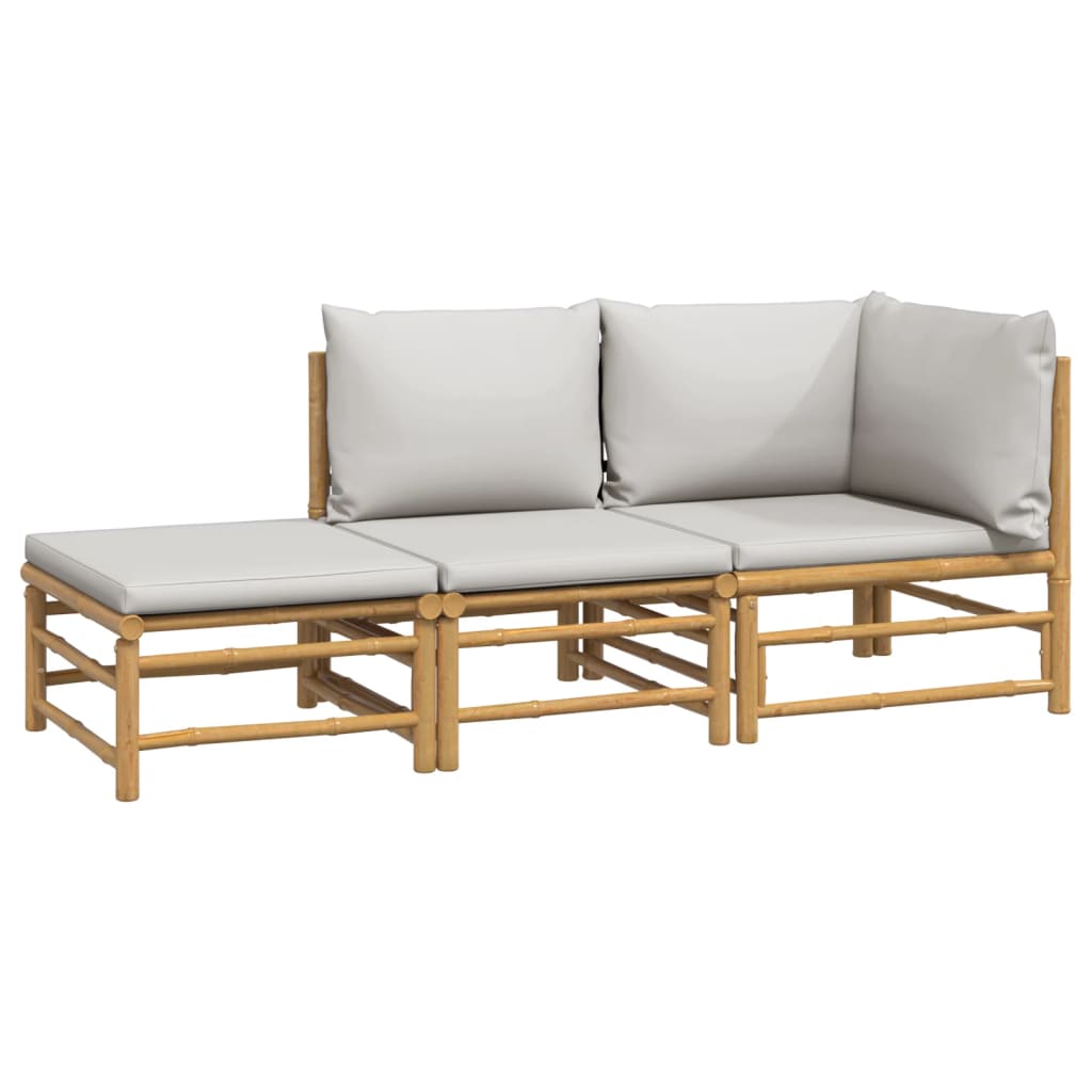 3 Piece Patio Lounge Set with Light Gray Cushions Bamboo