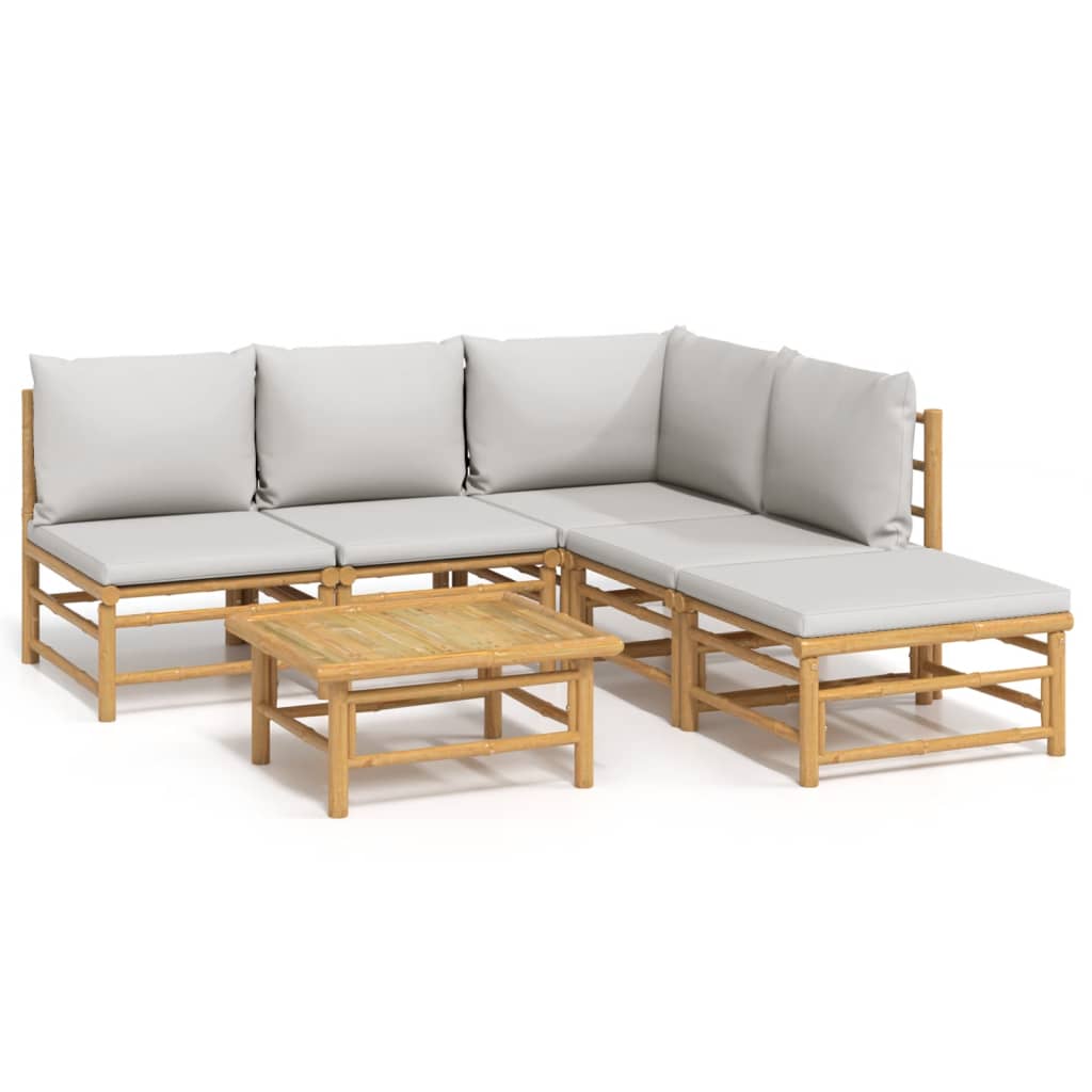 6 Piece Patio Lounge Set with Light Gray Cushions Bamboo