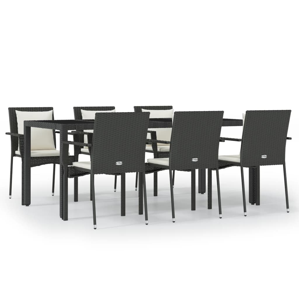 7 Piece Patio Dining Set with Cushions Black Poly Rattan