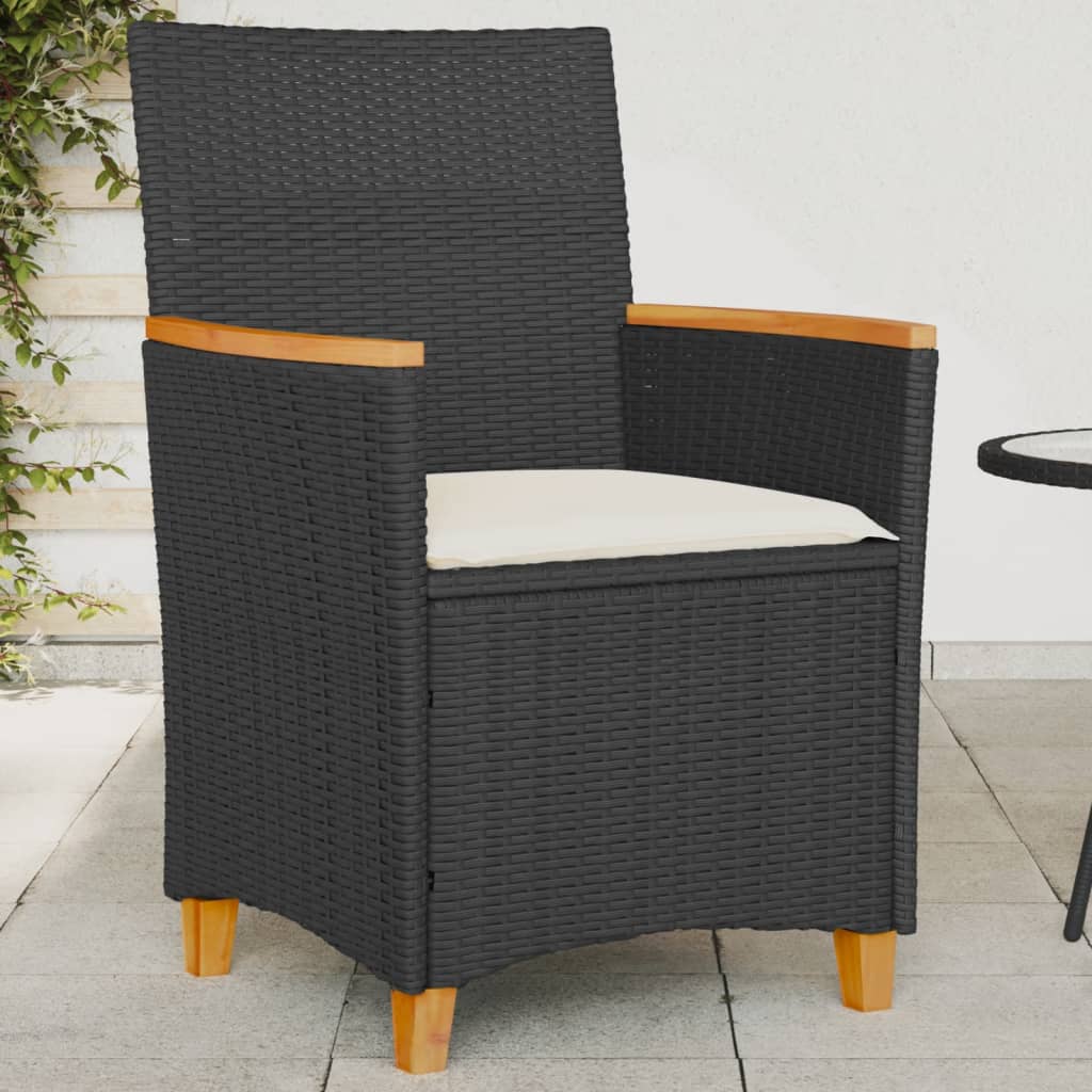 Patio Chairs with Cushions 2 pcs Black Poly Rattan&Solid Wood