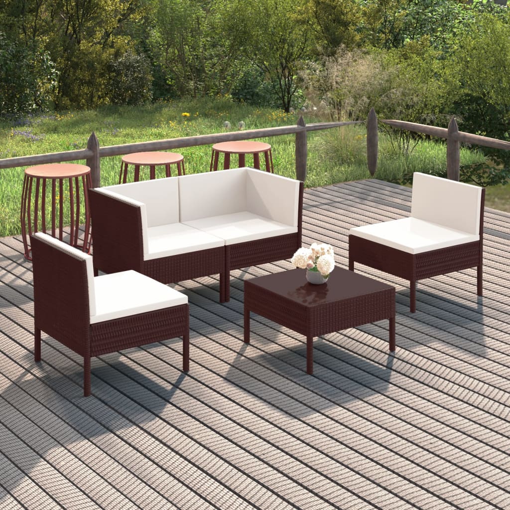 5 Piece Patio Lounge Set with Cushions Poly Rattan Brown