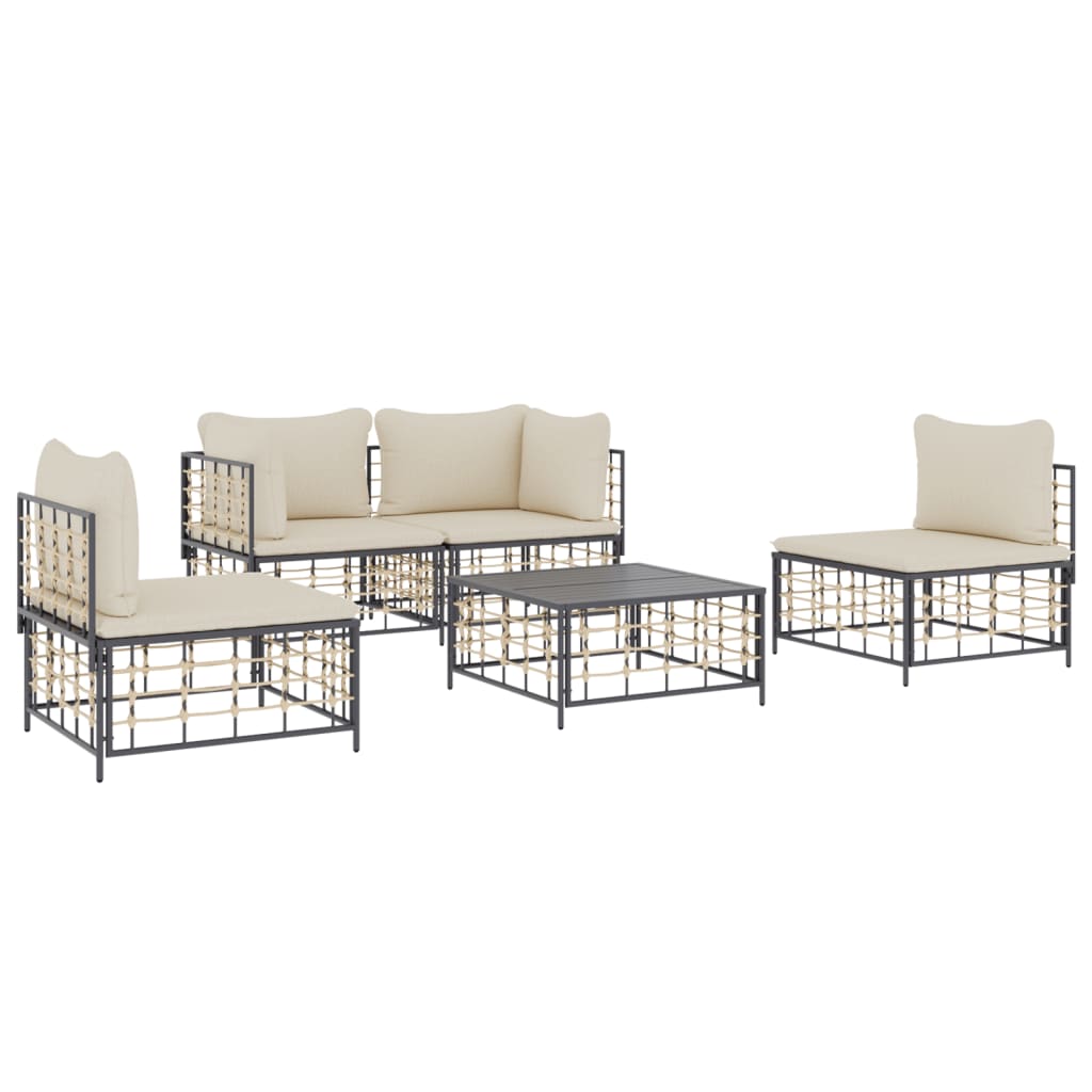 5 Piece Patio Lounge Set with Cushions Anthracite Poly Rattan