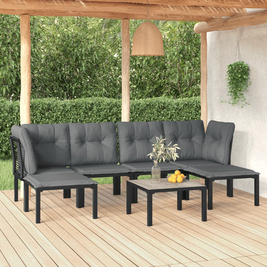 7 Piece Patio Lounge Set Black and Gray Poly Rattan