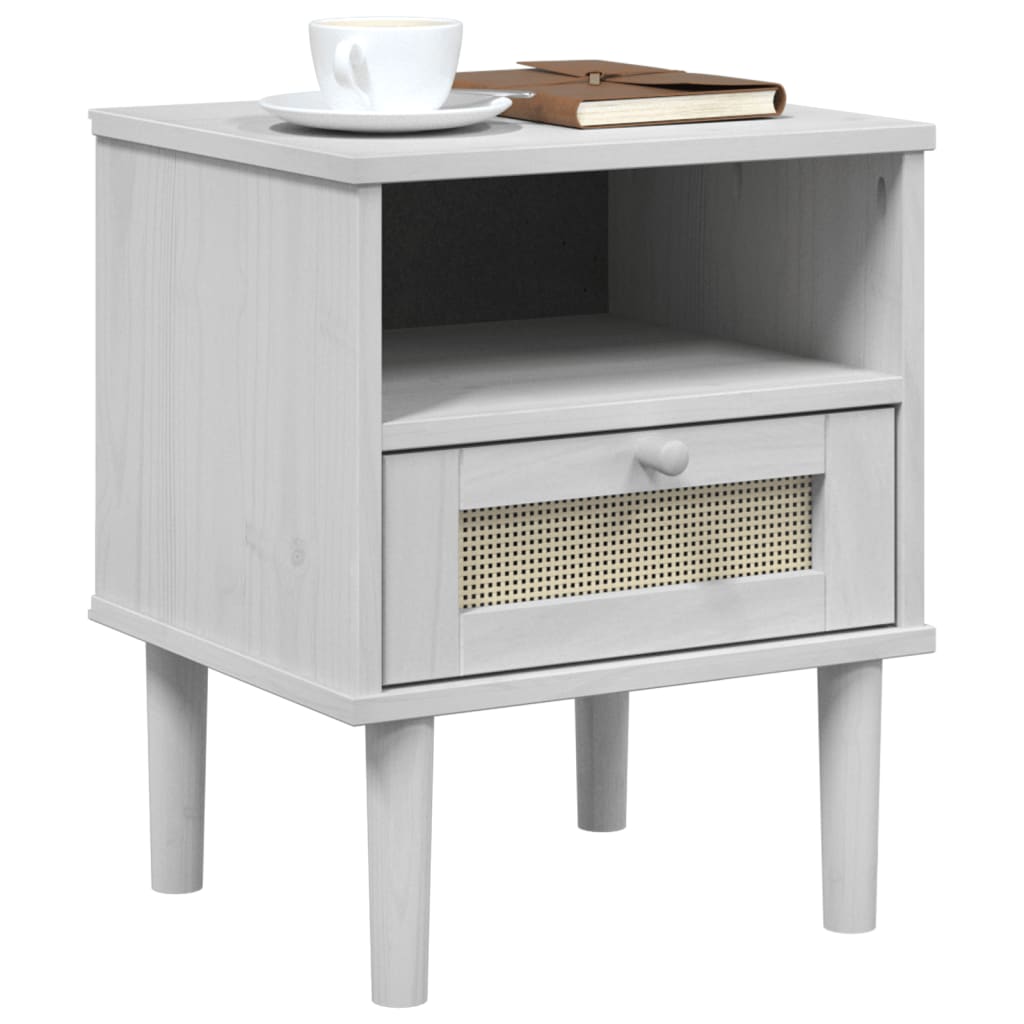 Bedside Cabinet SENJA Rattan Look White 15.7"x13.8"x18.9" Solid Wood Pine