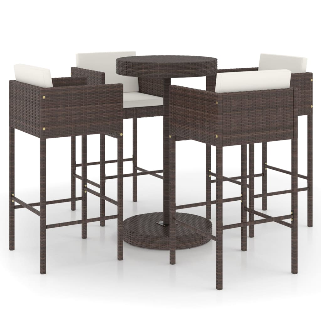 5 Piece Patio Bar Set with Cushions Poly Rattan Brown