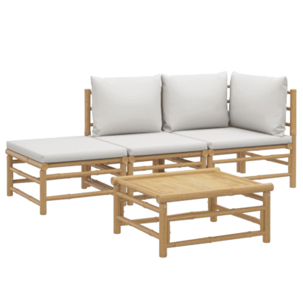 4 Piece Patio Lounge Set with Light Gray Cushions Bamboo