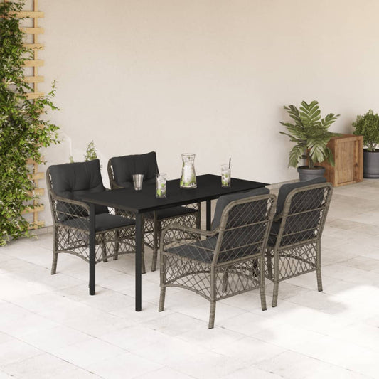 5 Piece Patio Dining Set with Cushions Gray Poly Rattan