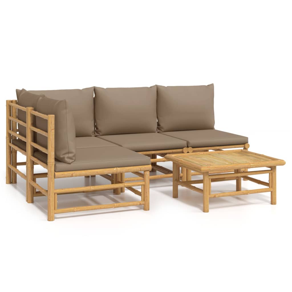 5 Piece Patio Lounge Set with Taupe Cushions Bamboo