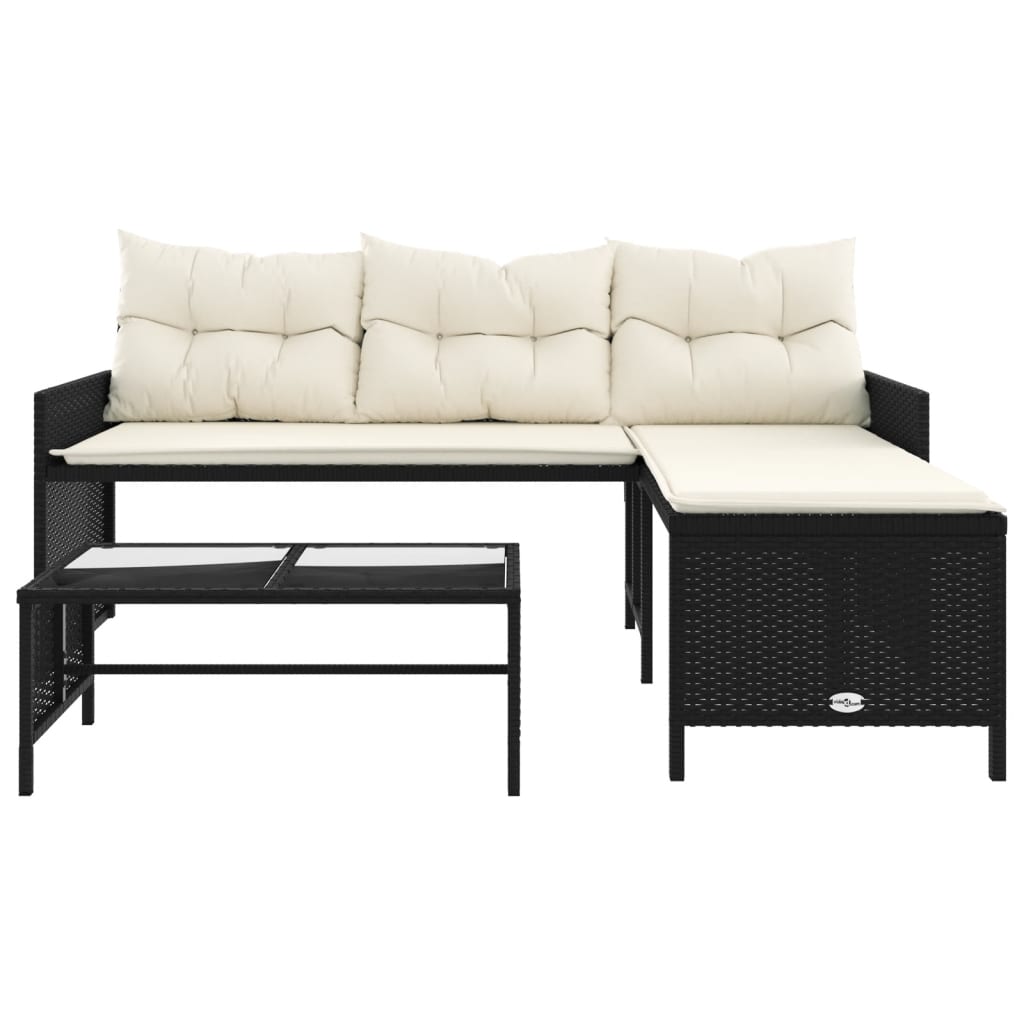 Patio Sofa with Table and Cushions L-Shaped Black Poly Rattan