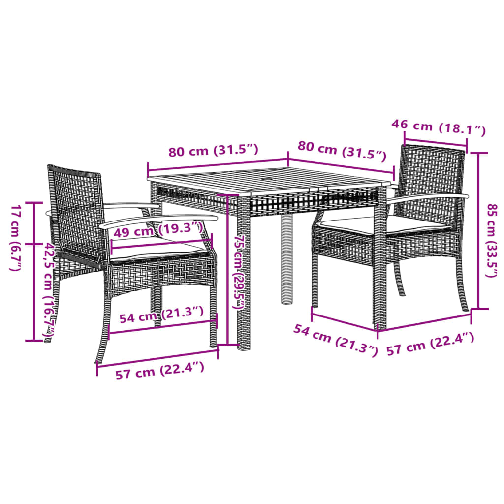 3 Piece Patio Dining Set with Cushions Gray Poly Rattan