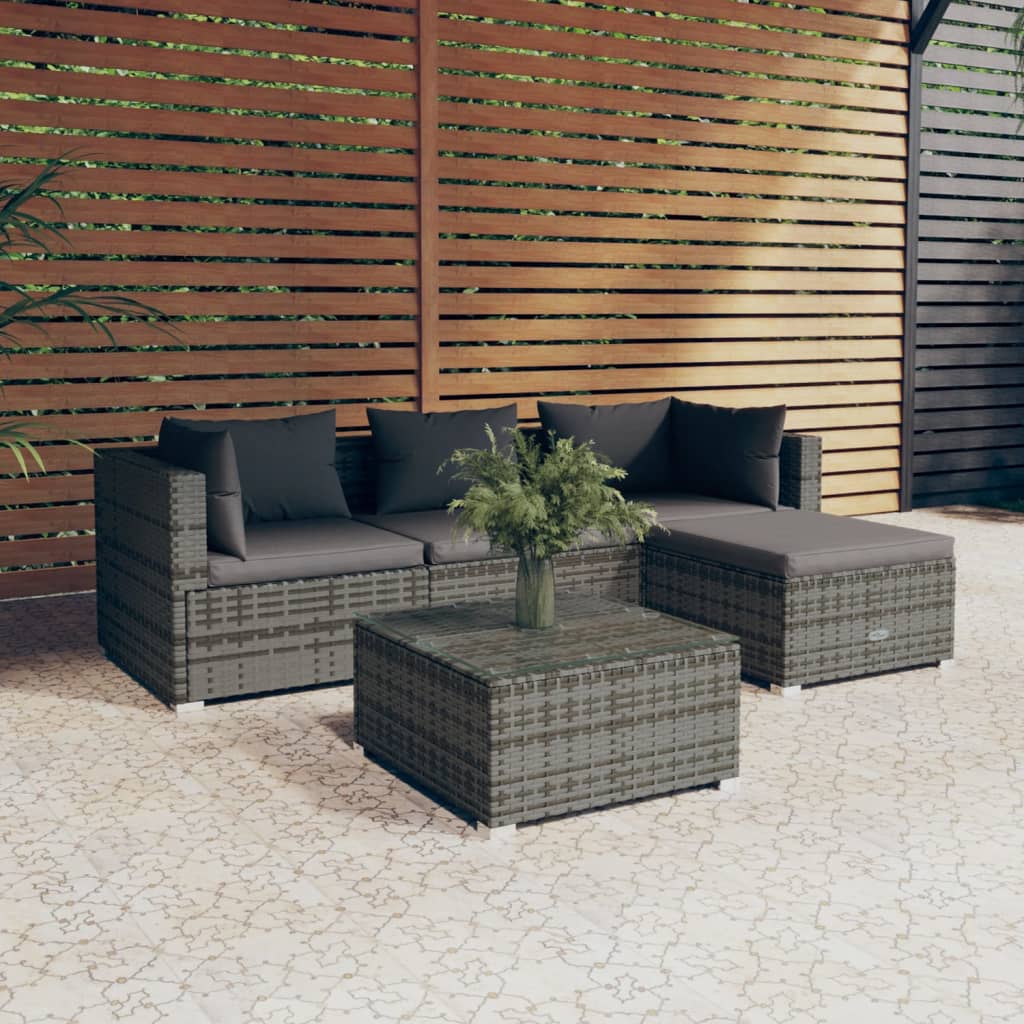 5 Piece Patio Lounge Set with Cushions Poly Rattan Gray