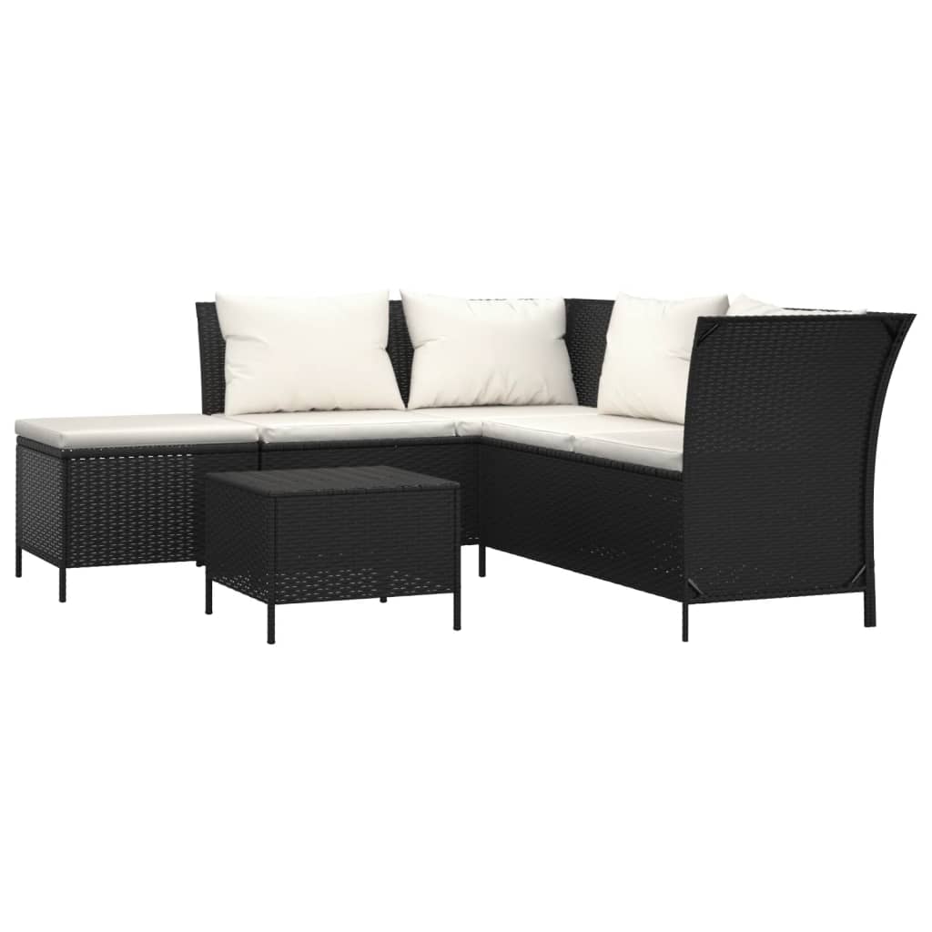 4 Piece Patio Lounge Set with Cushions Black Poly Rattan