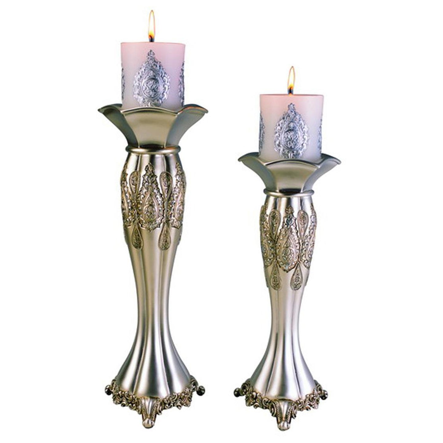 Set of Two Silver Metallic Polyresin Ornate Tabletop Pillar Candle Holders With Candle