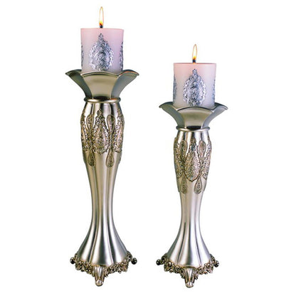 Set of Two Silver Metallic Polyresin Ornate Tabletop Pillar Candle Holders With Candle