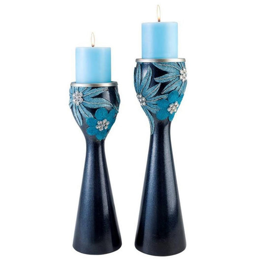 Set Of Two Navy and Aqua Floral Bling Candle Holders with Candles