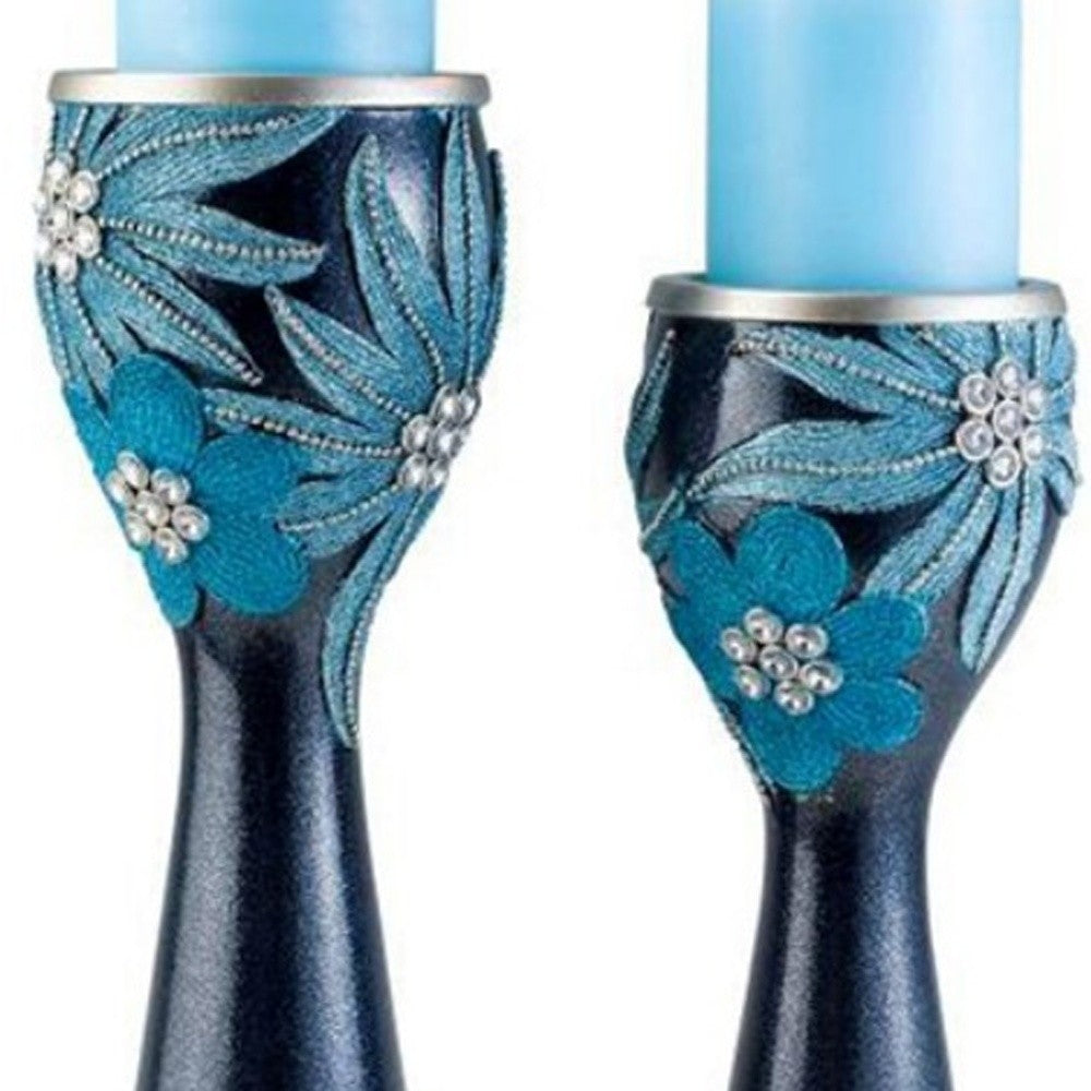 Set Of Two Navy and Aqua Floral Bling Candle Holders with Candles